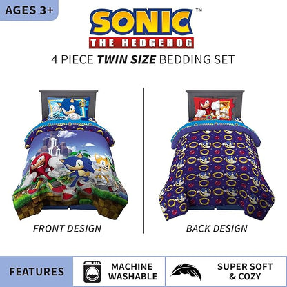 Franco Kids Bedding Super Soft Comforter and Sheet Set, 4 Piece Twin Size, Sonic The Hedgehog, Anime - LeafyLoom