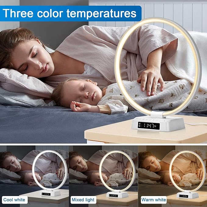 Light Alarm Clock Wake up Light Bioclock Adjustment Sunrise Alarm Clock Awakening lamp Bedside lamp Table lamp Nightstand Lamp Aureole Ring Light - LeafyLoom