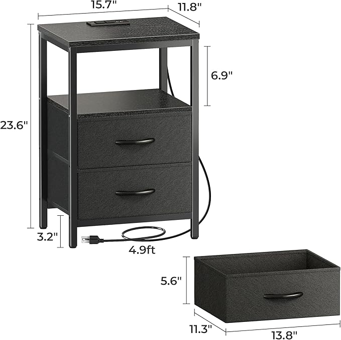 Nightstand with Charging Station, Side Table with Fabric Drawers, End Table with Open Shelf, Bedside Table with USB Ports and Outlets, Night Stand for Bedroom, Black - LeafyLoom