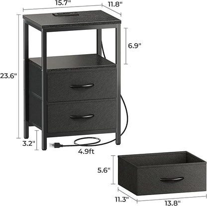 Nightstand with Charging Station, Side Table with Fabric Drawers, End Table with Open Shelf, Bedside Table with USB Ports and Outlets, Night Stand for Bedroom, Black - LeafyLoom