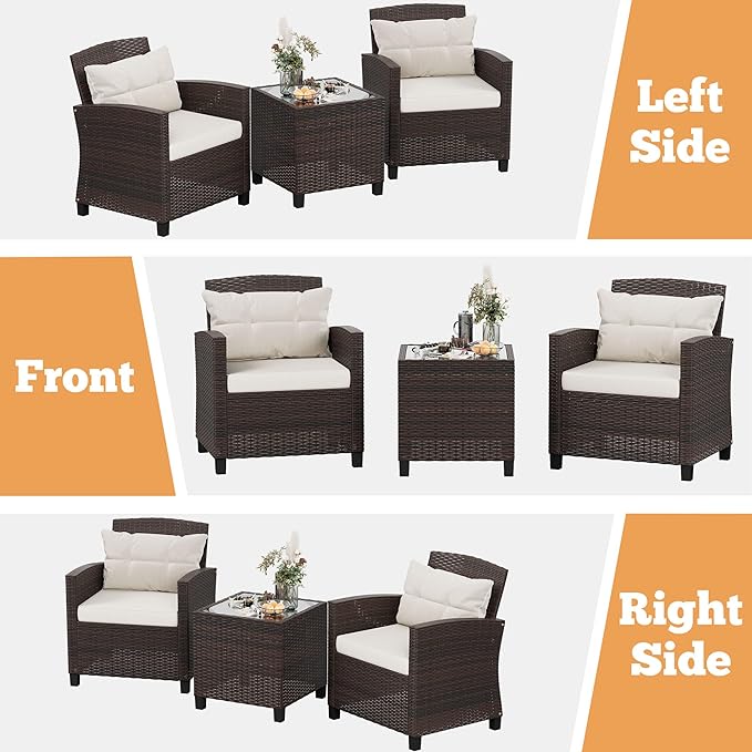 Shintenchi 3 Pieces Patio Furniture Set 3 Pieces PE Rattan Wicker Chairs with Table Outdoor Furniture for Backyard/Garden/Poolside/Outdoor Restaurant Brown Rattan with White Cushion - LeafyLoom