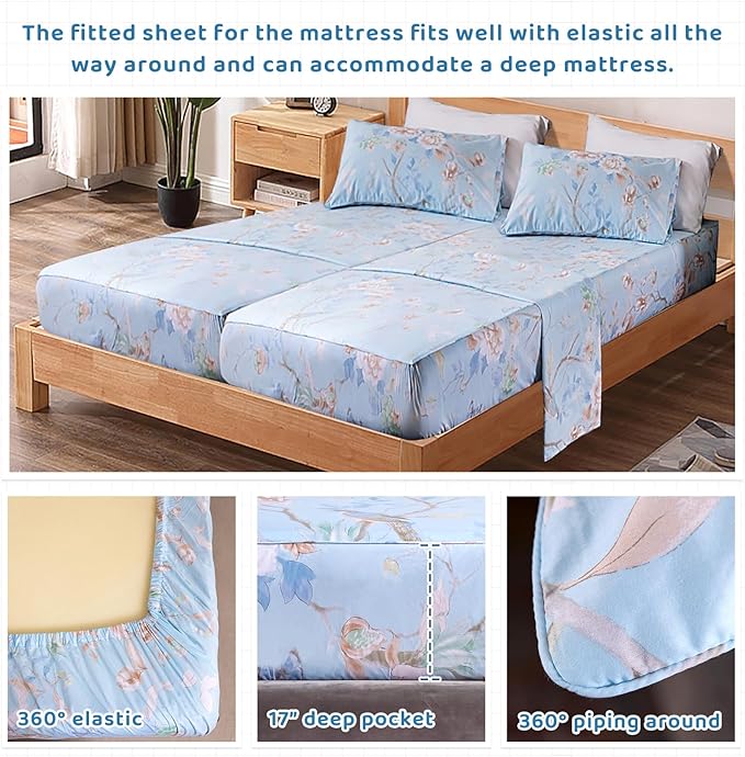 QSH 100% Cotton Floral Sheets for Split King Size Bed, Blue Flowers Plant Pattern Botanical Luxury Cotton Printed Floral Bedding Split King Sheet with Deep Pockets 17" Soft and Breathable 5pcs - LeafyLoom