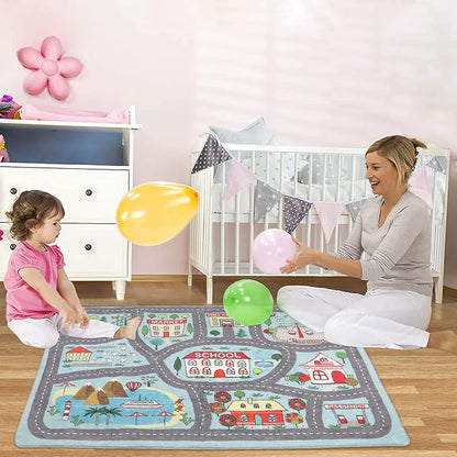 Non-slip Kids Playmat Rug for Playroom, 3'x 5' Blue Washable Children's Educational Rugs, Learning & Have Fun Safely City Life Road Traffic Play Mat Carpet for Baby Room Bedroom - LeafyLoom