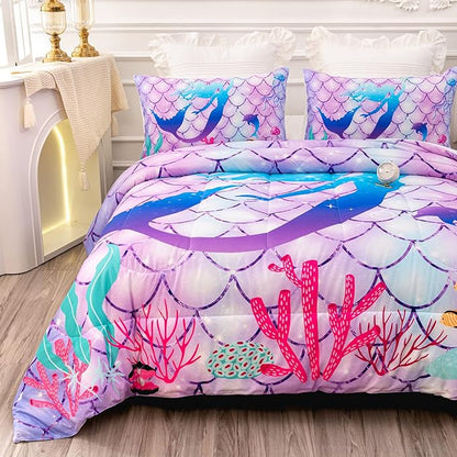 CVHOUSE Mermaid Comforter Set,Rainbow Mermaid Bedding Set for Girls Kids Teens,Rainbow Mermaid Comforter Mermaid Duvet Set Room Decor Quilt Set Queen Size - LeafyLoom