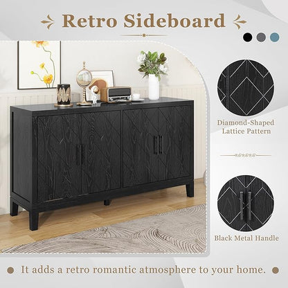 60" 4 Door Retro Sideboard with Adjustable Shelves,Wood Diamond-Shaped Lattice Pattern Storage Buffet Cabinet,w/ 4 Long Handle,for Living Dining Room,Black - LeafyLoom