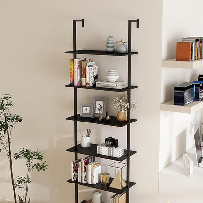 Panana 6 Tier Tall Modern Bookshelf, Industrial Ladder Shelf Open Space Wall Mount Bookshelf with Metal Frame Sturdy Bookcase for Living Room (Black, 6-Tier) - LeafyLoom