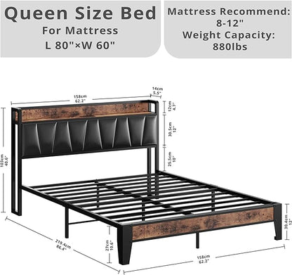 LIKIMIO Queen Bed Frame, Storage Headboard with Charging Station, Solid and Stable, Noise Free, No Box Spring Needed, Easy Assembly (Vintage and Black) - LeafyLoom