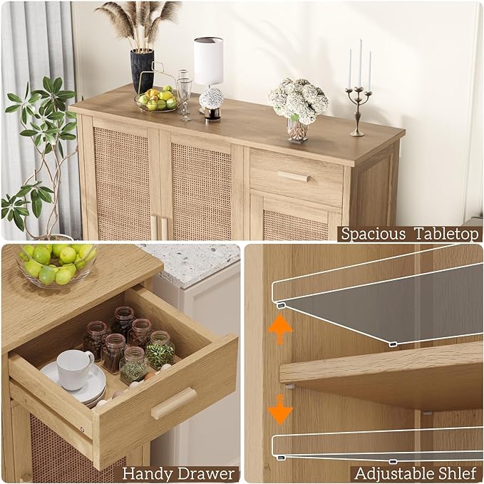 Irontar Kitchen Storage Cabinet, Sideboard Buffet Cabinet with Rattan Decorated Doors, Farmhouse Console Table with Drawer, Coffee Bar, Accent Table for Kitchen, Living Room, Hallway, Natural CWG010M - LeafyLoom