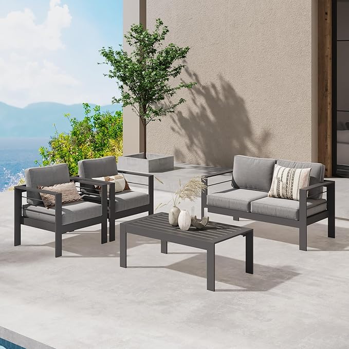 Wisteria Lane Outdoor Patio Furniture Set, 4 Pieces Aluminum Sectional Sofa, Metal Patio Conversation Set with Loveseat, 5 Inch Grey Cushion and Coffee Table (Dark Grey & Grey) - LeafyLoom