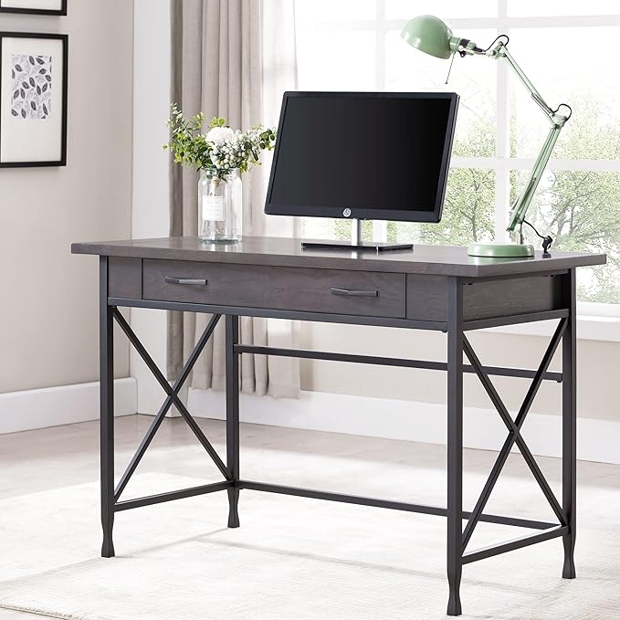 Leick Home 23400 Chisel & Forge Writing Computer Desk with Drop Front Keyboard Drawer, Smoke Gray and Matte Black - LeafyLoom