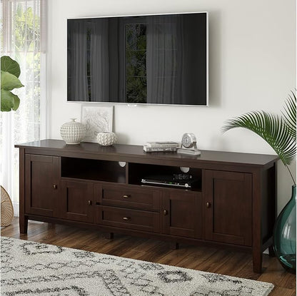 SIMPLIHOME Warm Shaker SOLID WOOD Universal TV Media Stand, 72 inch Wide, Transitional, Living Room Entertainment Center with Storage, for Flat Screen TVs up to 80 inches in Russet Brown - LeafyLoom