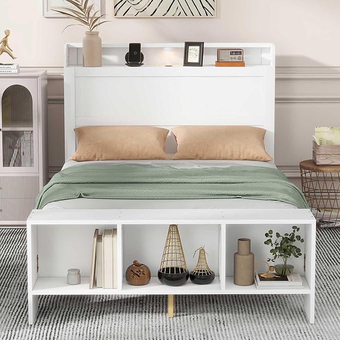 Merax Full Size Bed Frame with Storage,Kids Platform Bed with Cabinets and Shelves On Headboard and Footboard,Bookcase Headboard & USB Ports - LeafyLoom