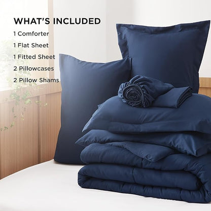 Bedsure Navy Bedding Sets Queen - 7 Pieces Solid Queen Bed in a Bag, Queen Bed Set Navy with Quilted Warm Fluffy Comforters, Sheets, Pillowcases & Shams - LeafyLoom