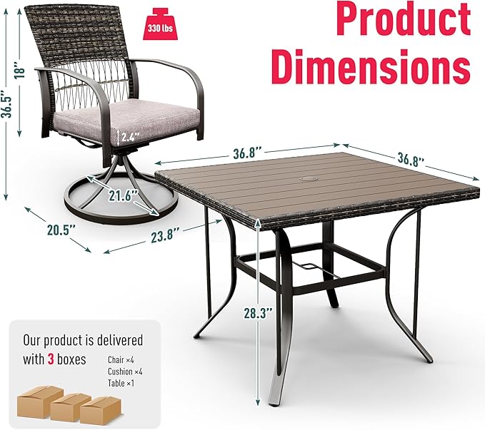 Pamapic 5 Piece Patio Dining Set for 4,Outdoor Wicker Furniture Set for Backyard Garden Deck Poolside with 4 Cushions Swivel Rocker Chairs,Square Plastic-Wood Table Top, Removable Cushions(Gray) - LeafyLoom