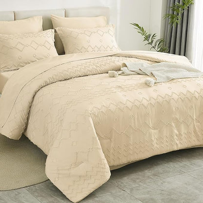 EMME Queen Comforter Set - 7 Pcs Beige Boho Bedding Sets, Full Size Tufted Comforter with Sheets, Shabby Chic Embroidery Queen Bed Set Fluffy Bed Bag for All Season(90"X90") - LeafyLoom