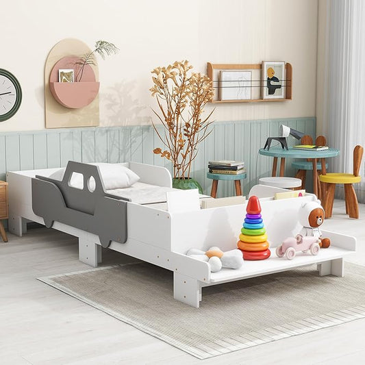 Car-Shaped Twin Bed with Bench,Wood Platform Bedframe W/Book Storage Groove & Safety Guardrail,Minimalistic Design,Easy Assembly,Toy Car Bedroom Furniture for Boys Kids Toddlers Child,White - LeafyLoom