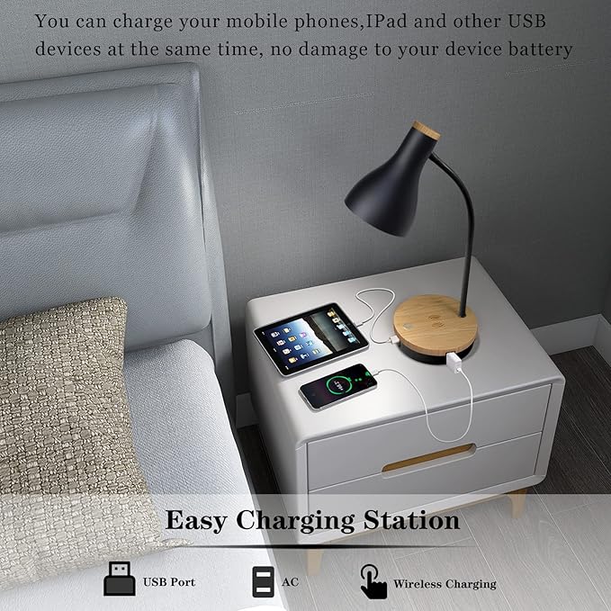 Metal Desk Lamp Wireless Charging Table Lamp Touch Reading Lights Arc Desk Lamps for Bedroom, 3 Way Dimmable Bedside Lamp with USB Charging Ports, Reading Lamp for Study Room and Office (Black-02) - LeafyLoom