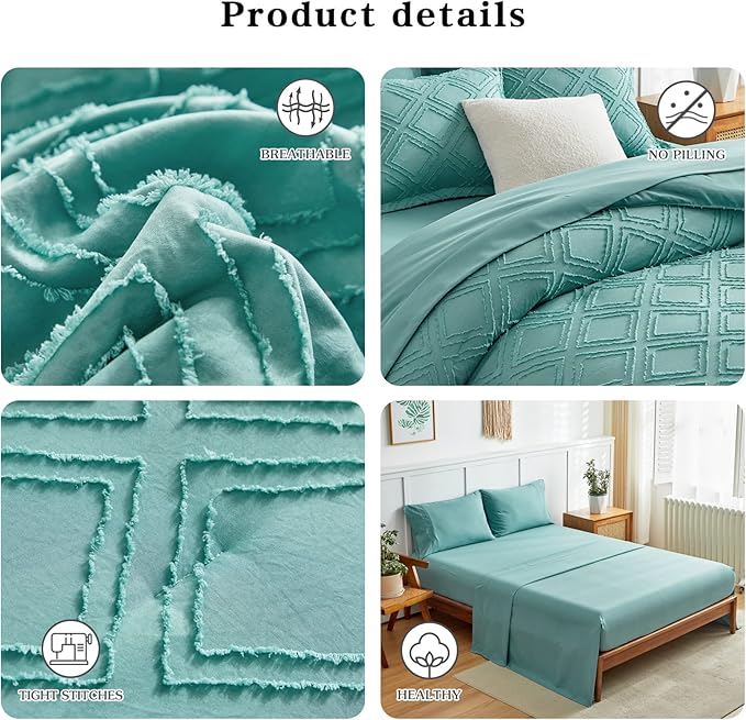 6 Pieces Tufted Bed in a Bag Twin Comforter Set with Sheets Green, Soft and Embroidery Shabby Chic Boho Bohemian Design, Luxury Solid Color with Diamond Pattern, Jacquard Tufts Bedding Set for Kids - LeafyLoom