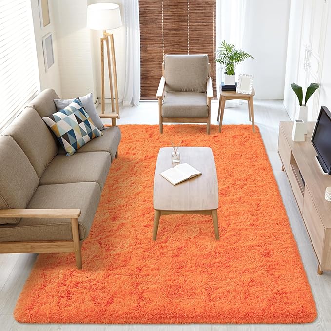 Softlife Area Rug for Living Room, 5x8 Feet Plush Fluffy Rug for Bedroom, Orange Furry Shag Rug for Aesthetic Christmas Room Decor, Ultra Soft Modern Fuzzy Faux Fur Carpet for Kids Nursery Room Dorm - LeafyLoom