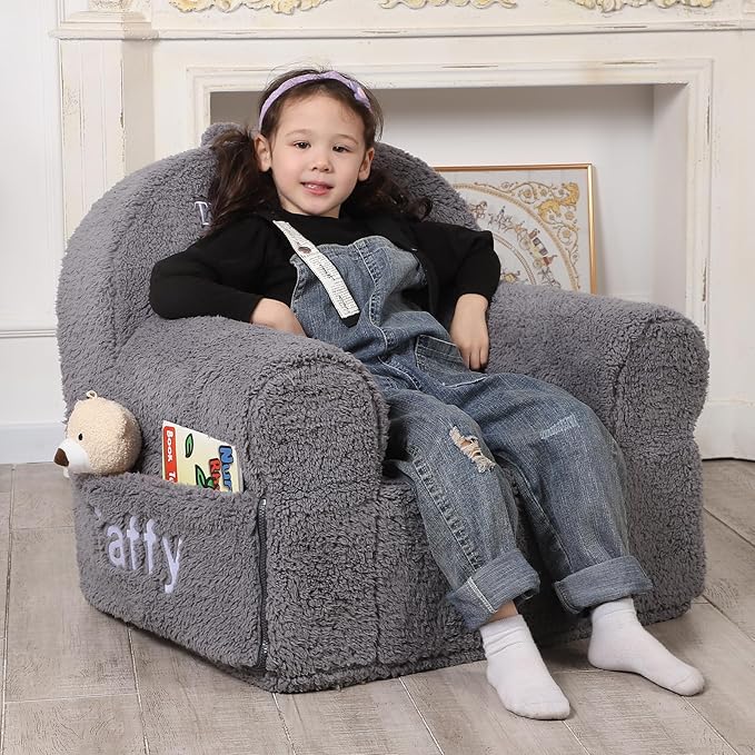 Personalized Kids Chair, High Back Toddler Sherpa Chair, Customize with Name, Grey - LeafyLoom