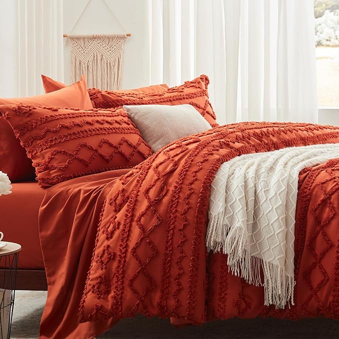 Anluoer Queen Comforter Set 7 Pieces, Burnt Orange Tufted Bed in a Bag with comforters and sheets, All Season Bedding Sets with 1 Comforter, 2 PillowShams, 2 Pillowcases, 1 Flat Sheet, 1 Fitted Sheet - LeafyLoom