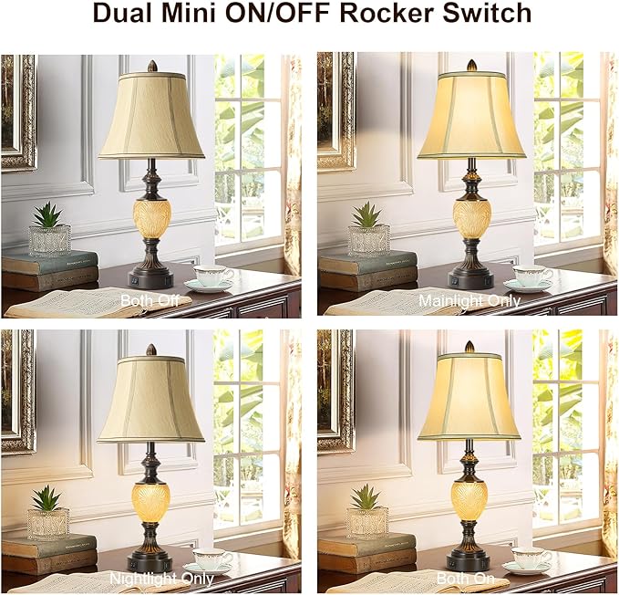 27'' High Vintage Table Lamp Set of 2 for Living Room Farmhouse Bedside Lamp with Fabric Shades Boho Nightstand Lamp with USB and Nightlight for Bedroom Home Office Hotel Bar (Led Bulb Included) - LeafyLoom