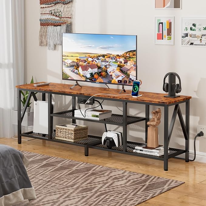 Furologee TV Stand with Power Outlets for 65 70 inch TV, Entertainment Center with Open Storage Shelves, Long 63'' TV Media Console Table with Soundbar Shelf for Living Room, Bedroom, Rustic Brown - LeafyLoom