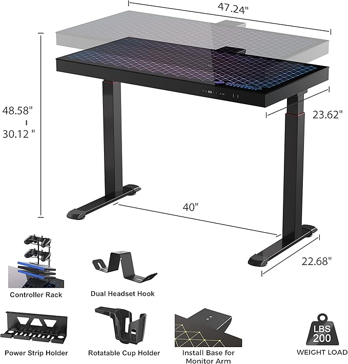 EUREKA ERGONOMIC RGB Glass Gaming Desk, Music Studio Desk, 47 Inch Adjustable Height Computer Desk Music Sensing LED Sit Stand Desk for Home Office Gamer w Dual Motors,USB Ports, APP Control - LeafyLoom