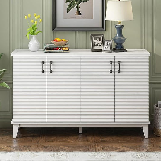 60" Sideboard with 4 Door Large,Retro Wooden Buffet Cabinet,W/Adjustable Shelves and Metal Handles,Console Table for Living Room Bedroom Kitchen,Antique White - LeafyLoom