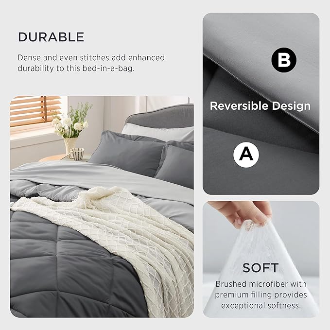 Bedsure Dark Grey Queen Comforter Set - 7 Pieces Reversible Queen Bed in a Bag, Queen Bed Set Dark Grey with Comforters, Sheets, Pillowcases & Shams - LeafyLoom