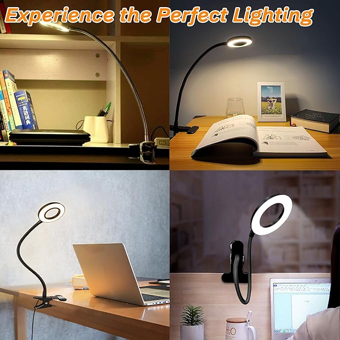 Lypumso Desk Lamp with Adapter, LED Reading Lamp Clip on Light, 3 Color Modes 10 Dimmable Brightness, Perfect Clamp Lamp for Home Office Studying Working Makeup Craft - LeafyLoom