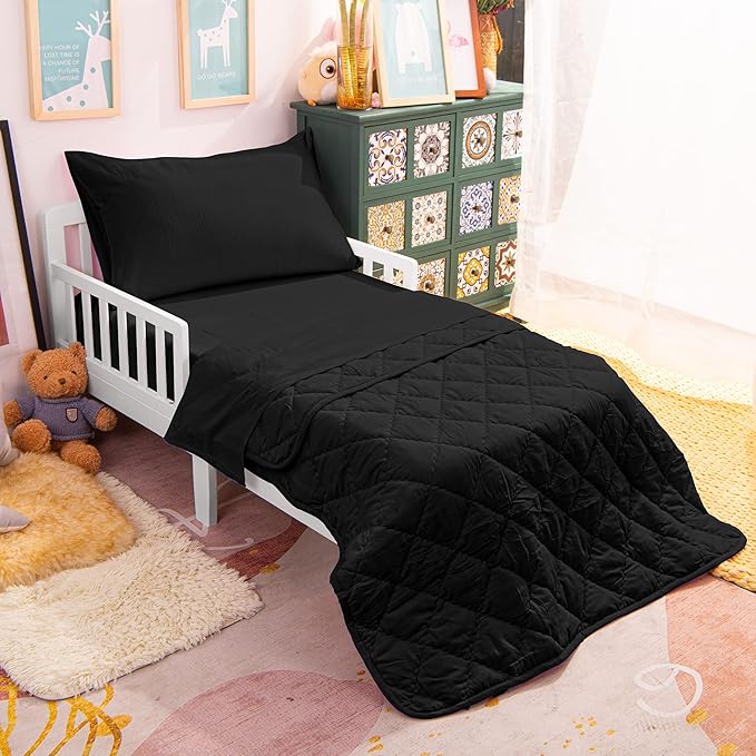 NTBAY Toddler Bedding Set - 4 Piece Soft and Breathable Crib Bedding Set for Boys and Girls, Includes Quilted Comforter, Fitted Sheet, Flat Top Sheet and Envelope Pillowcase, Black - LeafyLoom