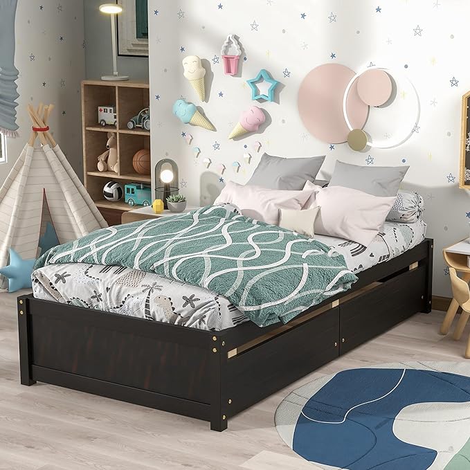 Twin Bed with 2 Storage Drawers, Solid Pinewood Twin Size Bed Frame,for Boys/Girls/Teens Bedroom, Easy to Assemble, No Box Spring Needed,Espresso - LeafyLoom