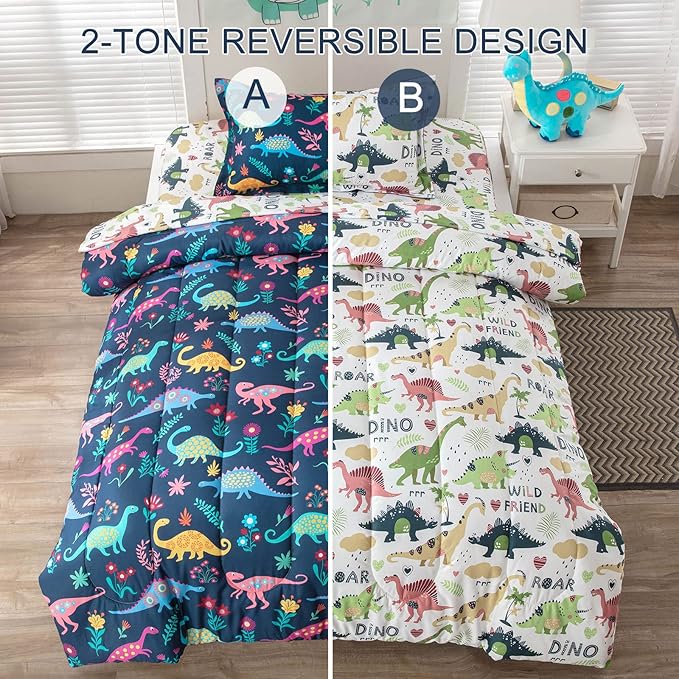 Dinosaur Twin Comforter Set for Boys Girls 4-Piece Dino Kids Bedding Sets Ultra Soft Cartoon Bedroom Set - Include Reversible Comforter, Flat Sheet, Fitted Sheet and Pillowcase, Blue - LeafyLoom