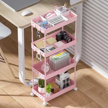 TOOLF 4 Tier Utility Cart with Wheels, Rolling Cart with Adjustable Divider & Hooks, Cart Organizer for Diaper Craft Snack, Narrow Storage Cart for Laundry Bedroom Bathroom Kitchen, Pink - LeafyLoom