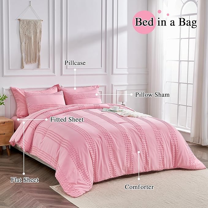 ENJOHOS King Size Comforter Set with Sheets 7 Pieces - Pink King Comforter Set, King Bed in a Bag Set, Boho Tufted Bedding Set with Pom Pom Design, Lightweight Soft Microfiber Comforter Bed Set - LeafyLoom