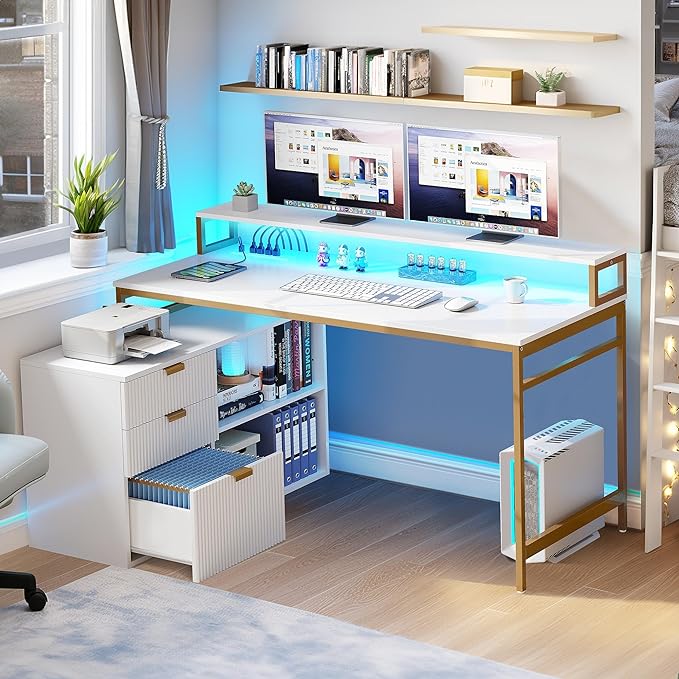 DWVO L Shaped Desk with File Cabinet & Power Outlets, 55" Computer Desk with Drawers, Corner Desk Office Desk with LED Light, White & Gold - LeafyLoom