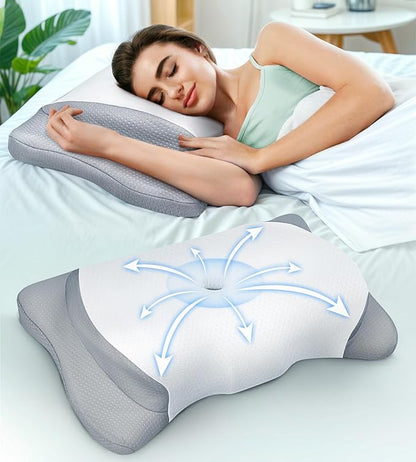 Adjustable Height Cervical Neck Pillow for Pain Relief, Hollow Contour Pillow with Cooling Breathable Pillowcase, Odorless Memory Foam Pillows, Orthopedic Bed Pillow Support Shoulder Side Back Stomach - LeafyLoom