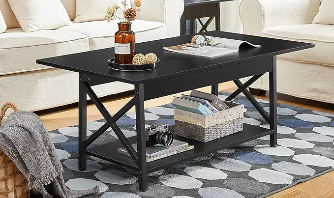 GreenForest Coffee Table Large 43.3 x 23.6 inch with Storage Shelf for Living Room, Easy Assembly, Black - LeafyLoom