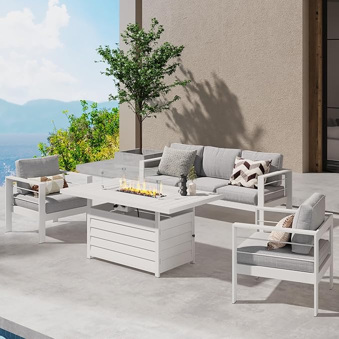 Wisteria Lane Aluminum Patio Furniture Set, 4 Pcs Metal Outdoor Furniture Set with CSA Certified 54in Propane Gas Fire Pit Table, Patio Conversation Set with 5in Olefin Cover Cushions, White - LeafyLoom