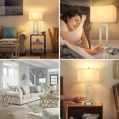 22'' Tall Table Lamps for Bedroom Set of 2, Silver Bedside Touch Control Lamp with 2 USB Ports&AC Outlet, Modern Living Room Table Lamp for Nightstand End Table, 3-Way Dimming with 2 E26 Edison Bulbs - LeafyLoom