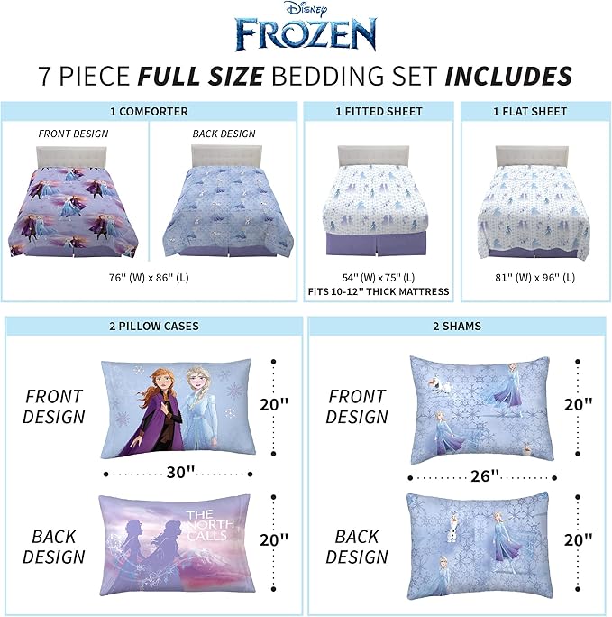 Disney Frozen 2 Kids Bedding Super Soft Comforter and Sheet Set with Sham, 7 Piece Full Size, "Official" Disney Product By Franco - LeafyLoom