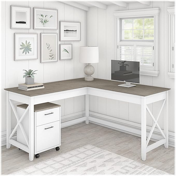 Bush Furniture Key West 60W L Shaped Desk with 2 Drawer Mobile File Cabinet in Pure White and Shiplap Gray - LeafyLoom