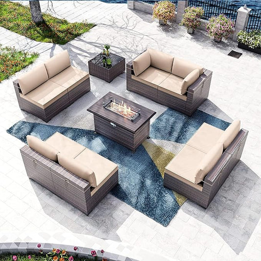 Kullavik 10 Pieces Outdoor Patio Furniture Set with 43" Gas Propane Fire Pit Table PE Wicker Rattan Sectional Sofa Patio Conversation Sets,Sand - LeafyLoom