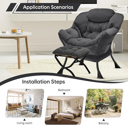 Lazy Chair with Folding Ottoman Modern Large Accent Chair,Contemporary Lounge Leisure Sofa Chair with Armrests Upholstered Sofa Armchair Reading Chair for Bedroom,Dorm & Office,Dark Grey - LeafyLoom