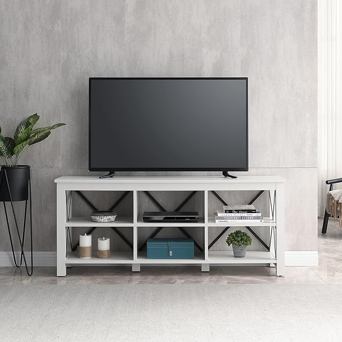 Henn&Hart Rectangular TV Stand for TV's up to 65" in White, TV Stands for the Living Room - LeafyLoom