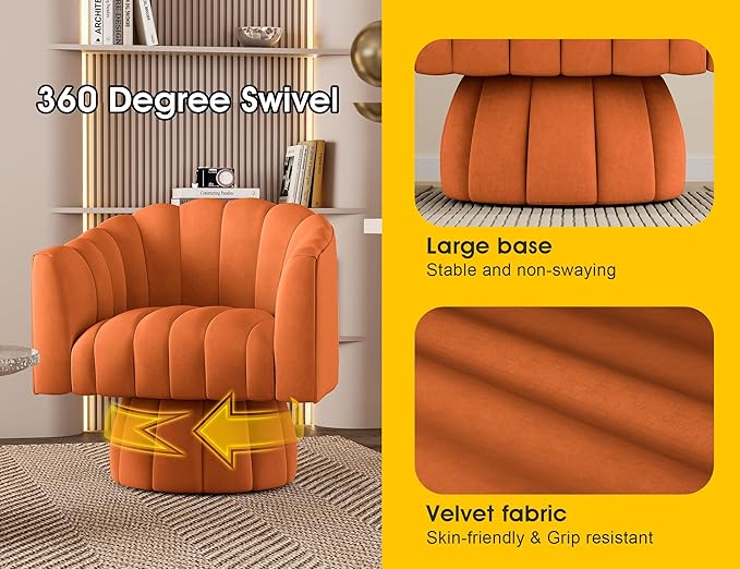 Accent Chair Mid Century 360 Degree Swivel Chair,Modern Lounge Sofa Round Barrel Chair with Wide Upholstered,Fluffy Velvet Fabric Chairs for Home Sofa Living Room/Bedroom/Waiting Room (Orange) - LeafyLoom