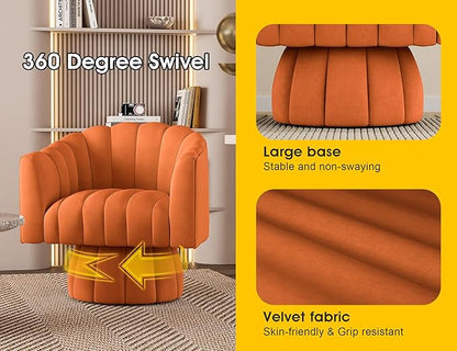 Accent Chair Mid Century 360 Degree Swivel Chair,Modern Lounge Sofa Round Barrel Chair with Wide Upholstered,Fluffy Velvet Fabric Chairs for Home Sofa Living Room/Bedroom/Waiting Room (Orange) - LeafyLoom