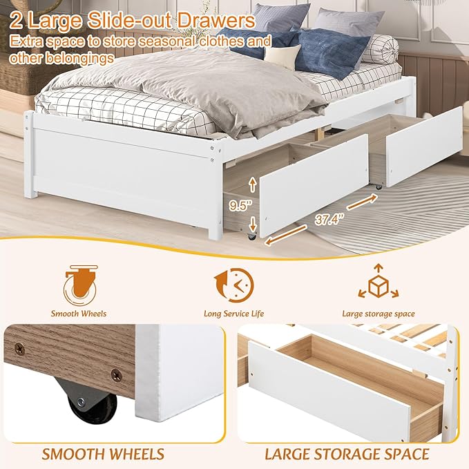 Twin Bed with 2 Storage Drawers, Solid Pinewood Twin Size Bed Frame,for Boys/Girls/Teens Bedroom, Easy to Assemble, No Box Spring Needed,White - LeafyLoom