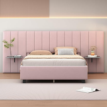 Queen Upholstered Platform Bed Frame with Extended Headboard and and Two Shelves, Velvet Bed, No Box Spring Needed, Pink - LeafyLoom